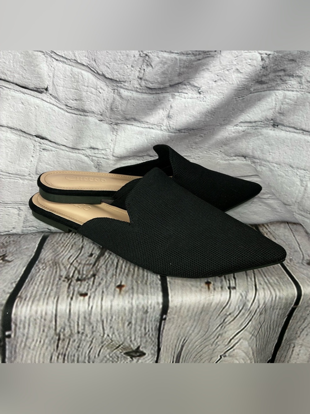 Minimalist Monochromatic Corporate Goth Black Knit Pointed Toe Slip On Mules 8 - Picture 3 of 8